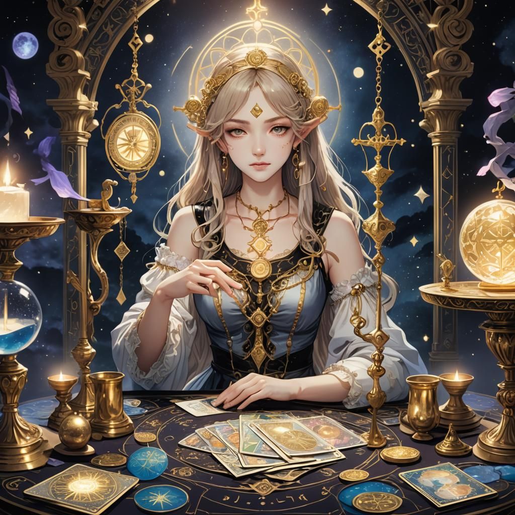 Tarot Reader with Libra Scales in Anime Style