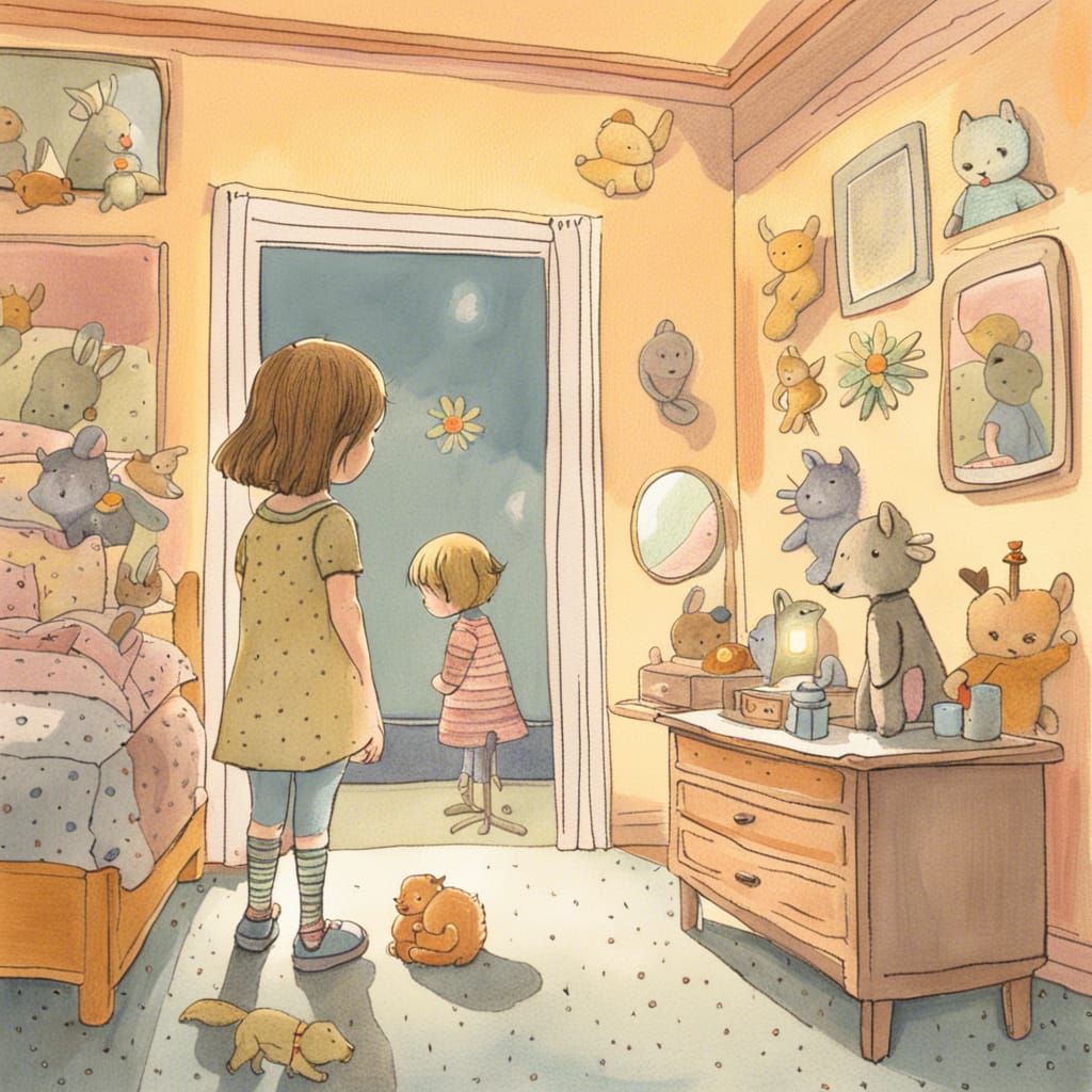 Whimsical Girl in Rocketship Bedroom Illustration