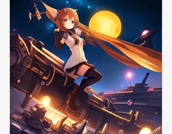 Anime Pirate Girl in Galaxy with Steampunk Battleship