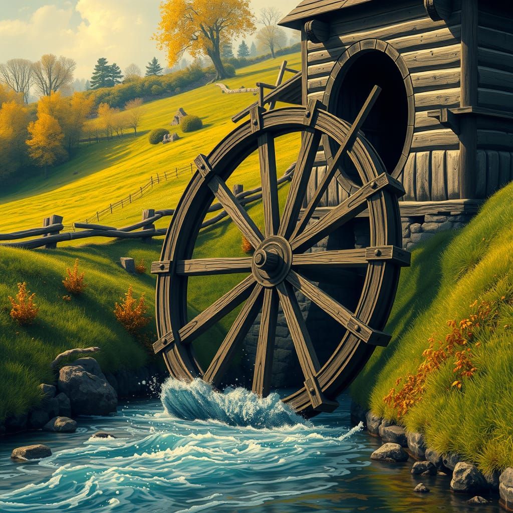Whimsical Waterwheel Escapes Downstream in a Surreal Landsca...