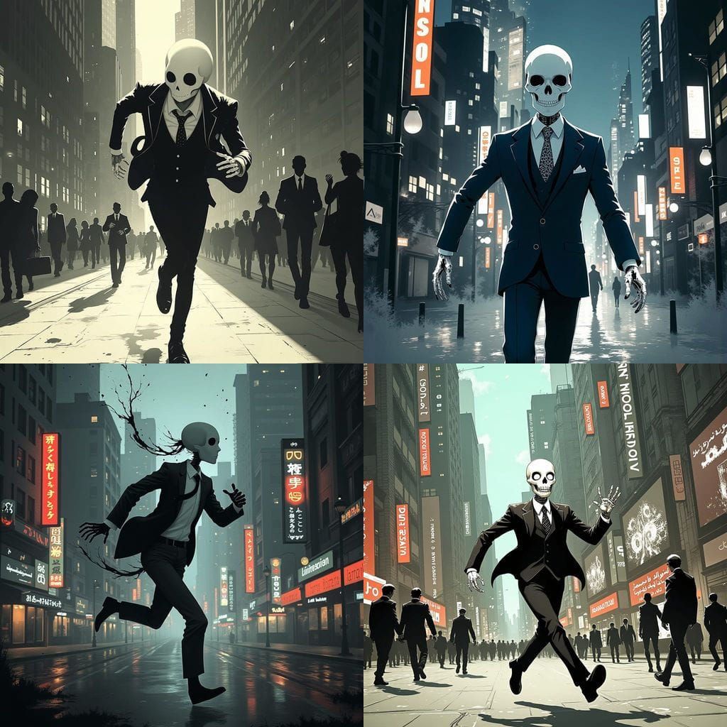 Skeleton in Formal Suit Sprints Down City Street