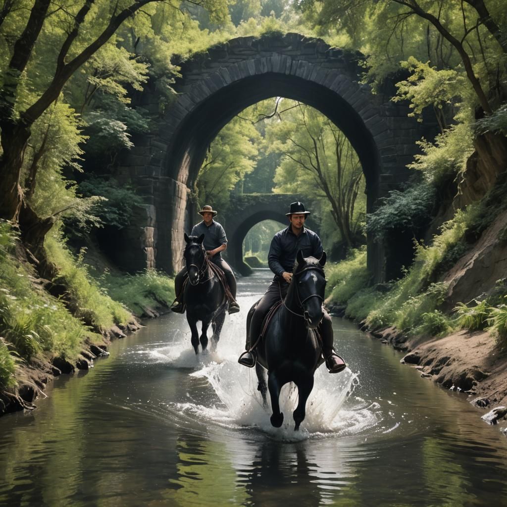 Equestrian Scene: Man and Black Horse in Nature