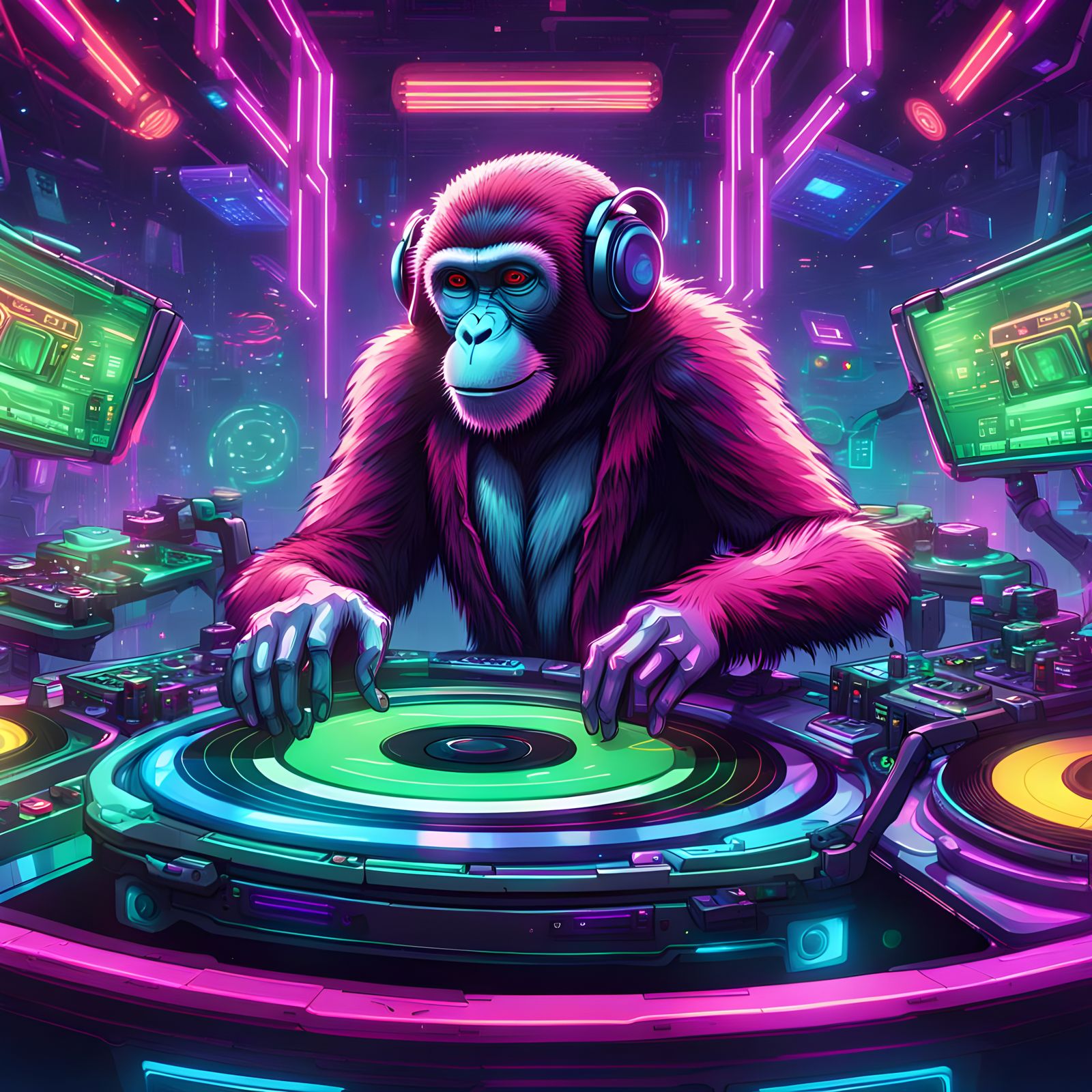 Cybernetic Monkey DJ in Detailed Matte Painting