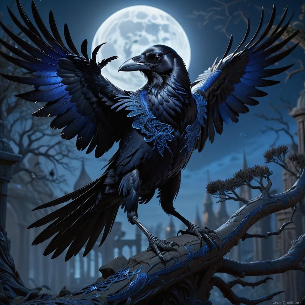 Detailed Raven in Moonlight: Dark Fantasy Art