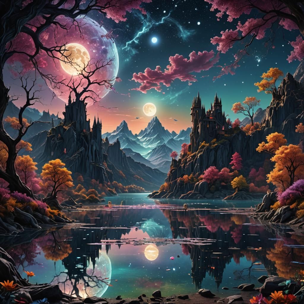 Magical Moonlit Lake in Cosmic Fantasy Style
