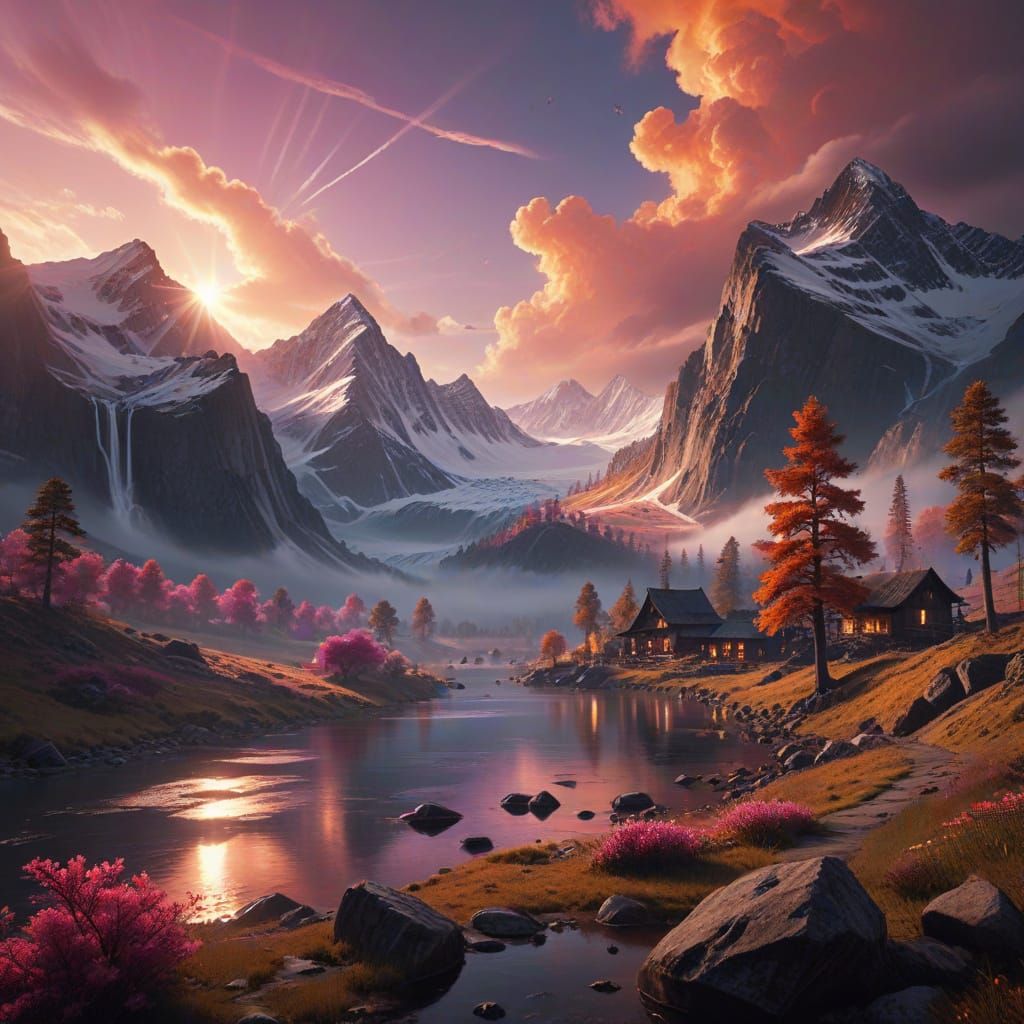 Majestic Alps Sunrise Over Misty Lake and Village