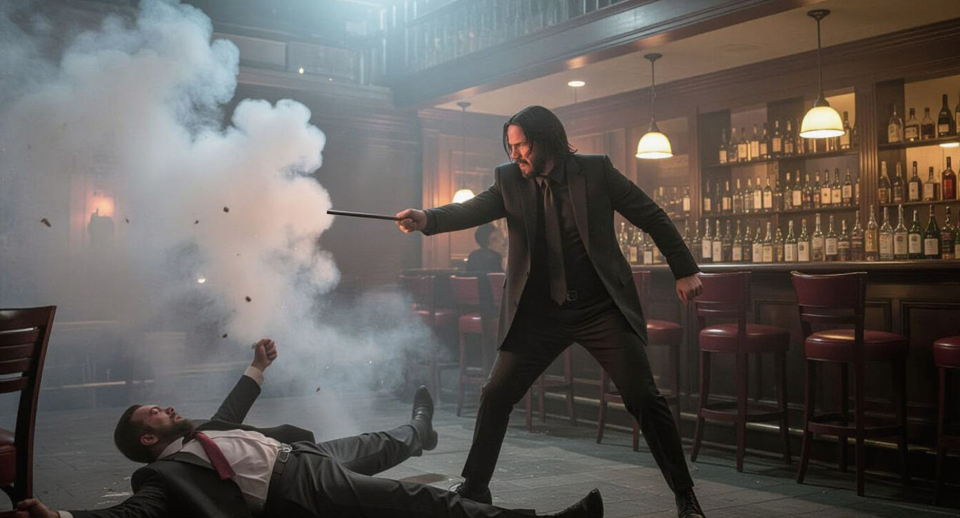 John Wick Uses Pencil as Weapon in Smoky Bar Fight