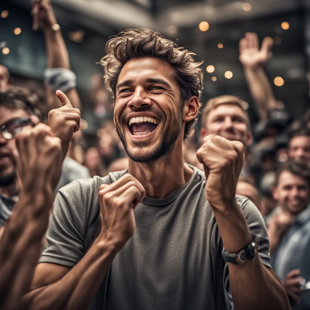 Optimistic Man Cheering in Hyperrealistic Detail