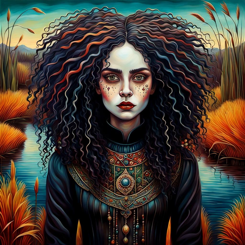 Surreal Gothic Woman Portrait in Naive Art Style