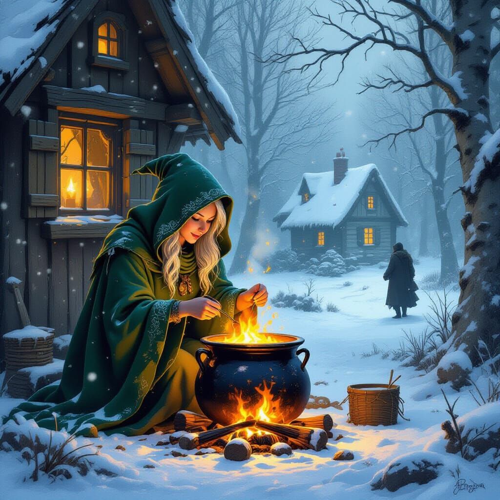 Forest Witch Brews Charms for Travelers in Dark Fantasy Styl...