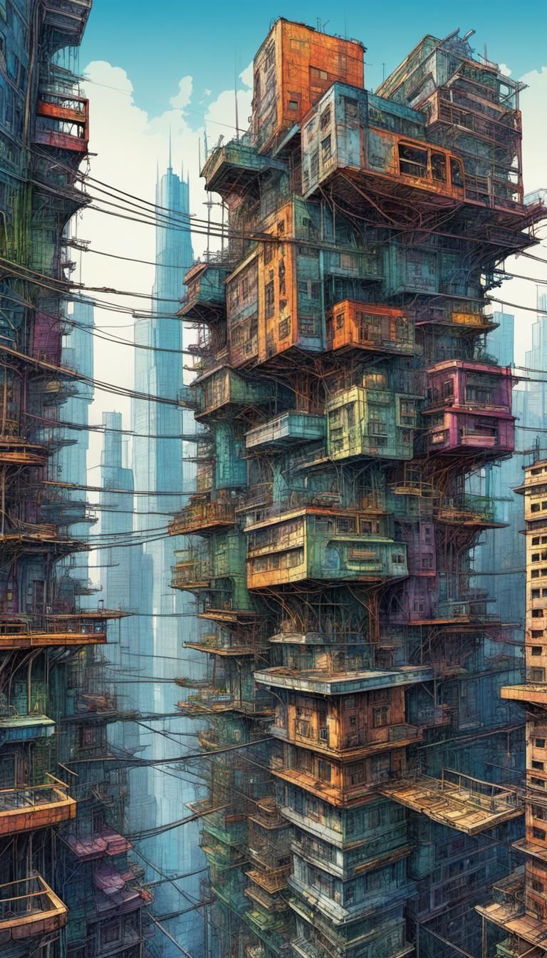Cyberpunk Cable Cityscape: Dystopian Utopia in the Sky