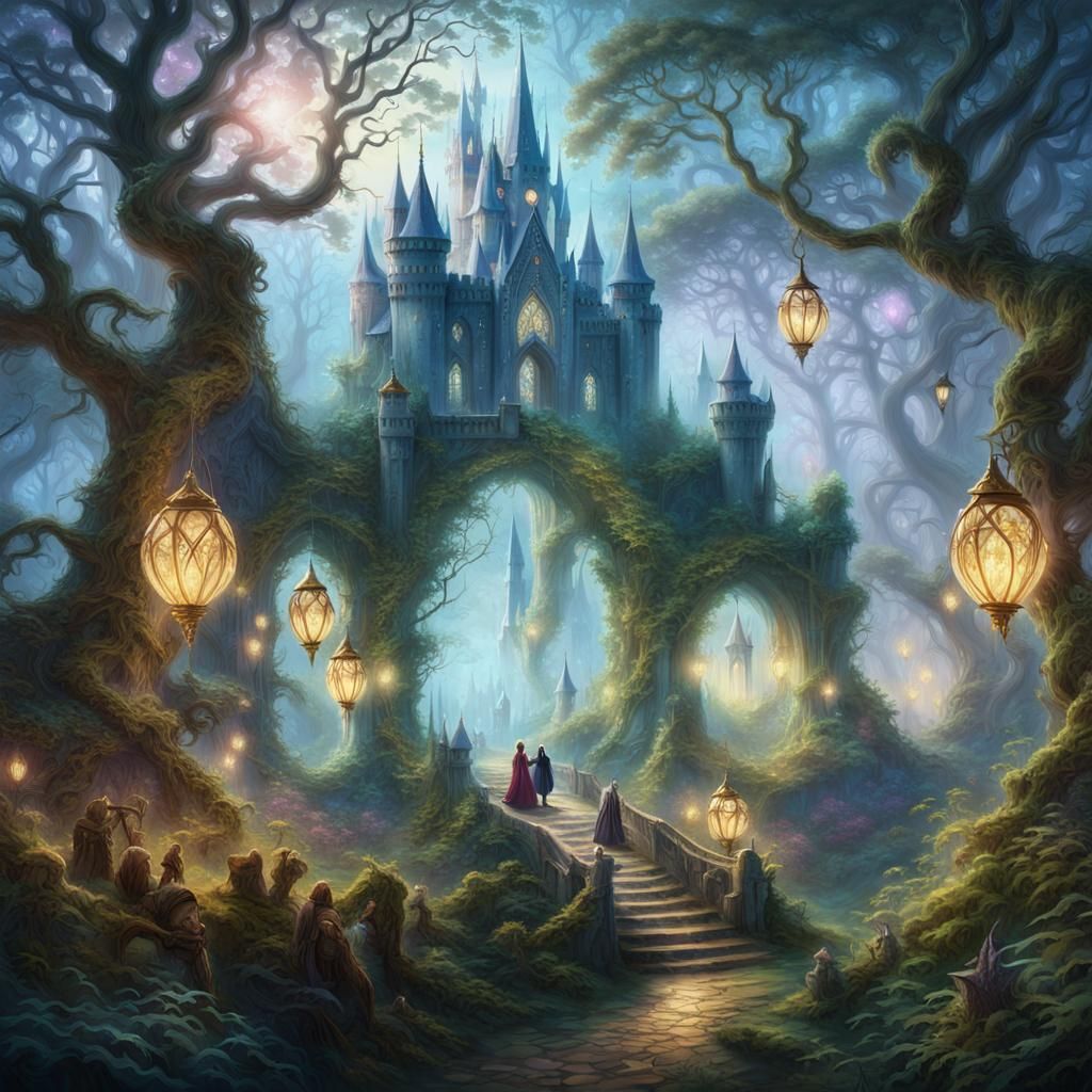 Elven Travelers in Mystical Forest: Fantasy Illustration