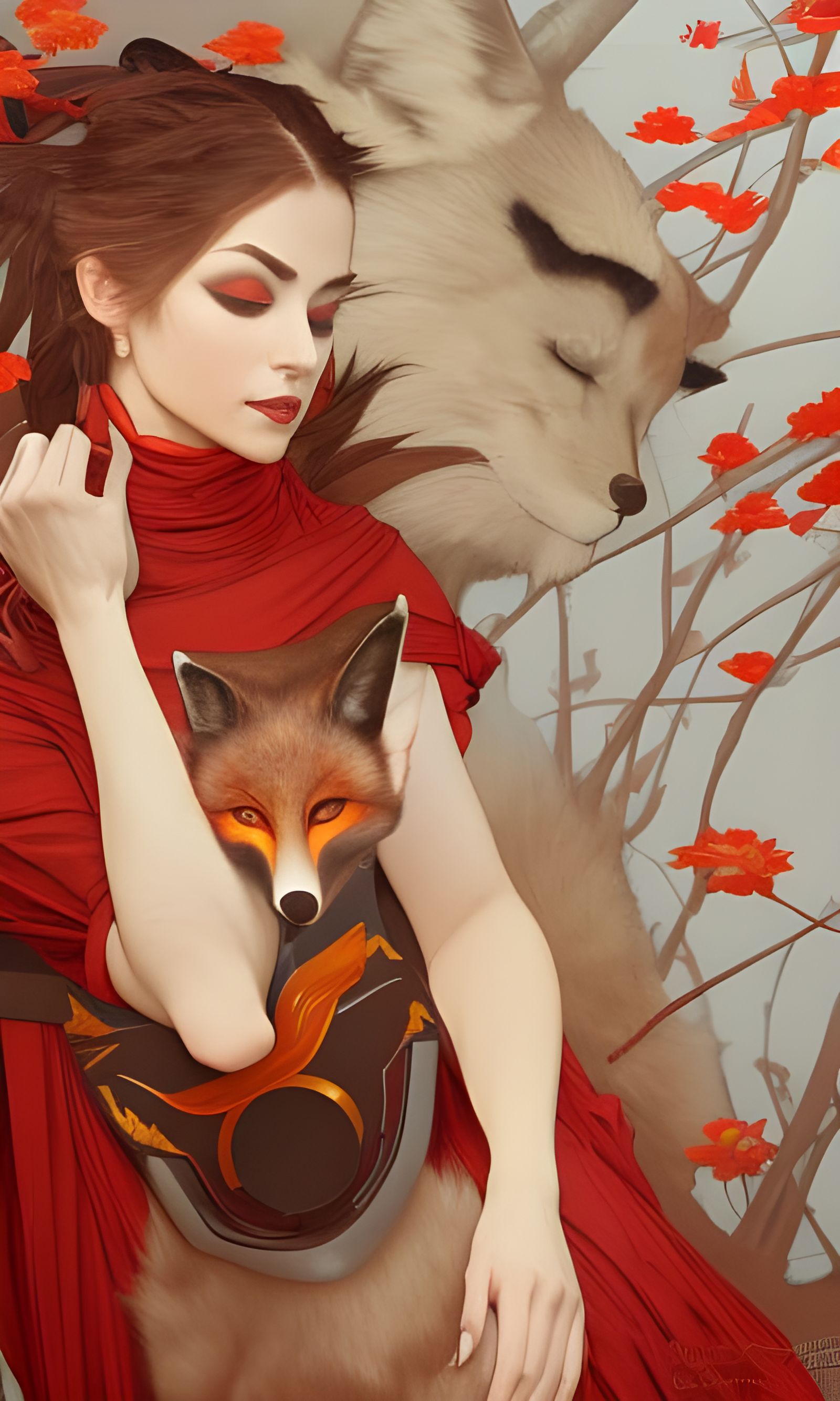 Beautiful Kitsune Woman Portrait in Art Nouveau Style
