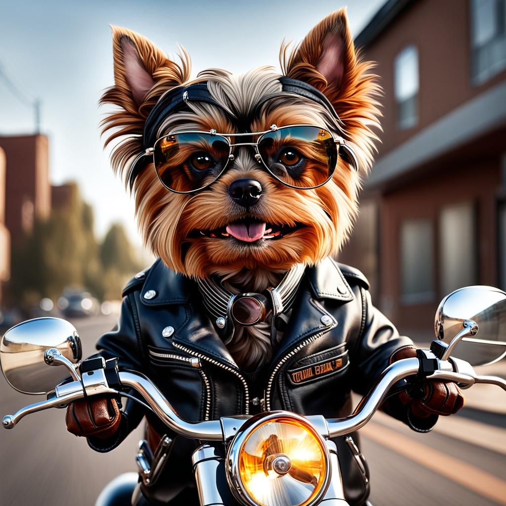 Yorkie Rides Motorcycle in Leather, Ultra-Realistic Photo