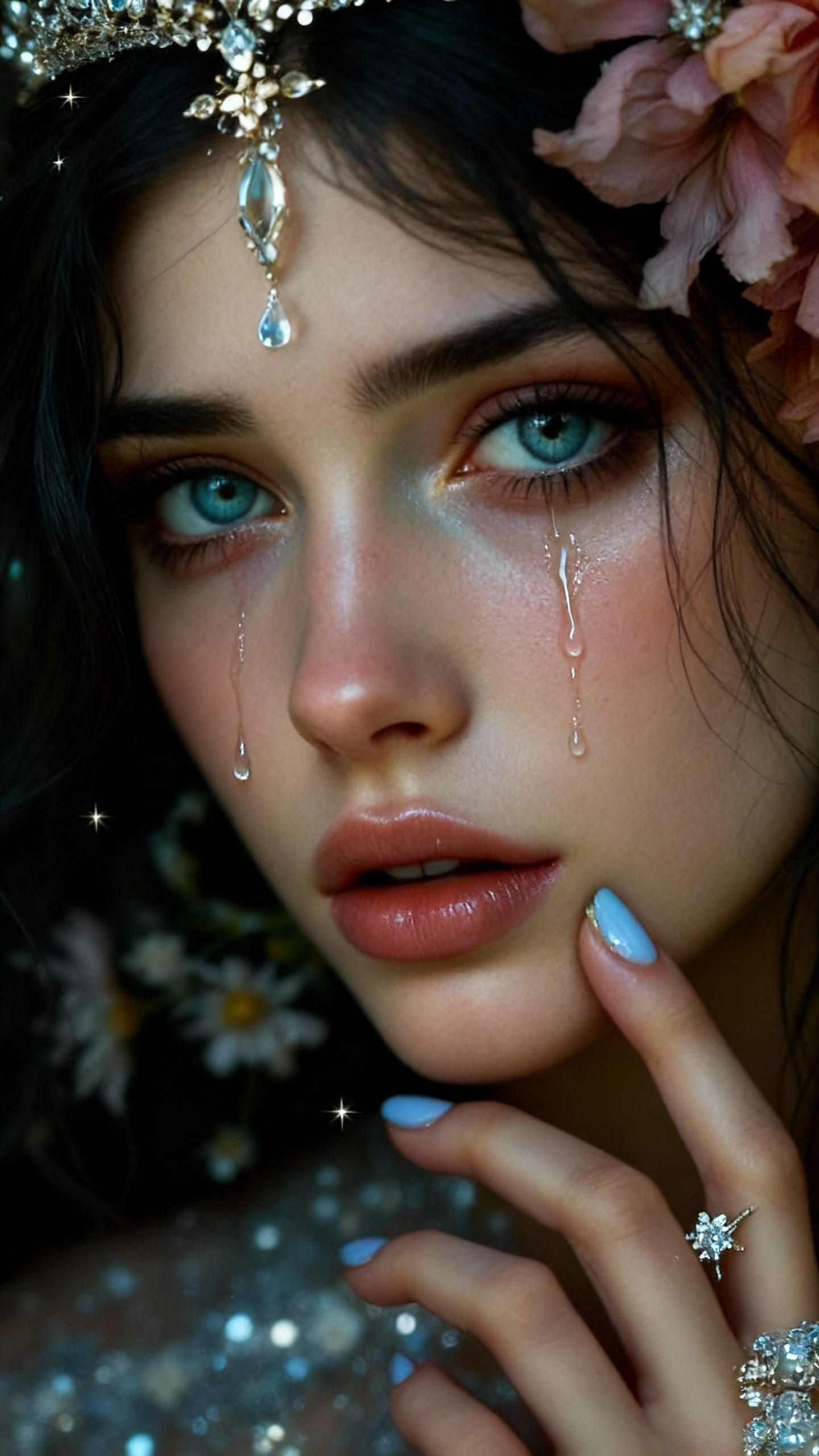 Woman Crying Tears Running Down Face