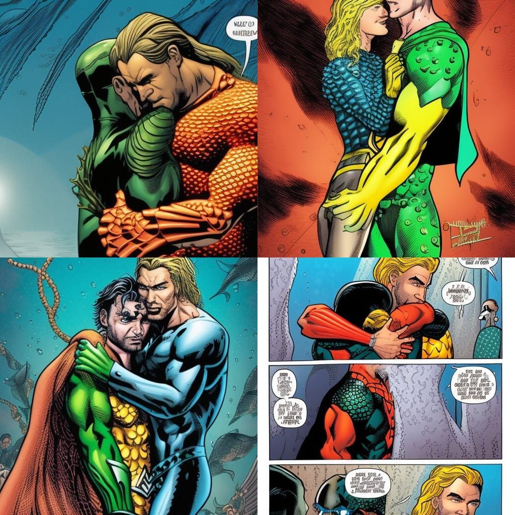 Aquaman Hugs Sandman: An AI-Generated Image