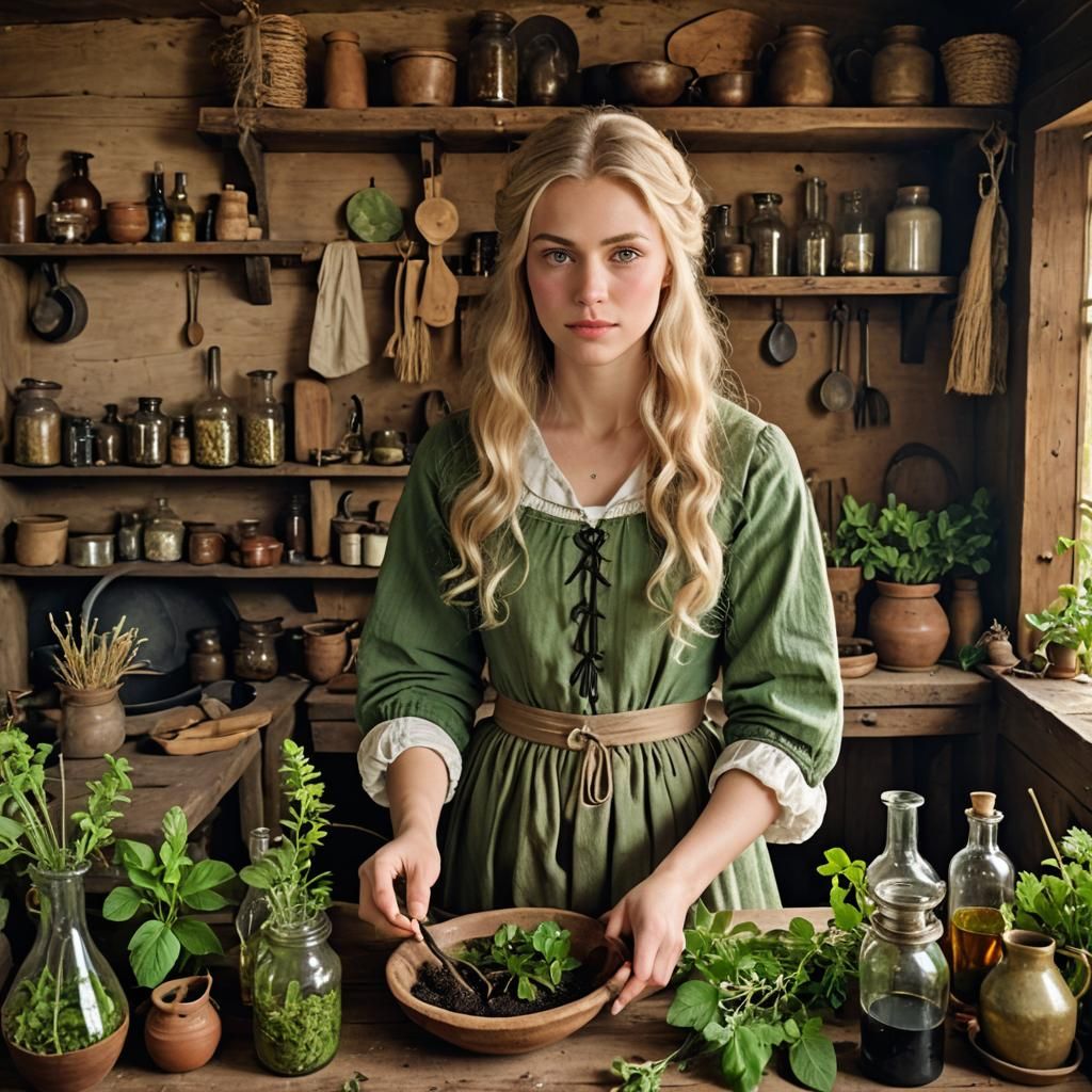 18th Century Herbalist Making Potions in Kitchen