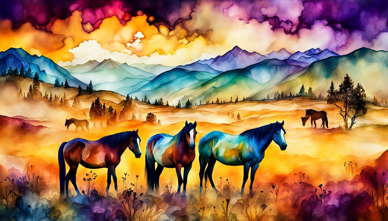 Horses in Misty Mountains: Alcohol Ink Painting