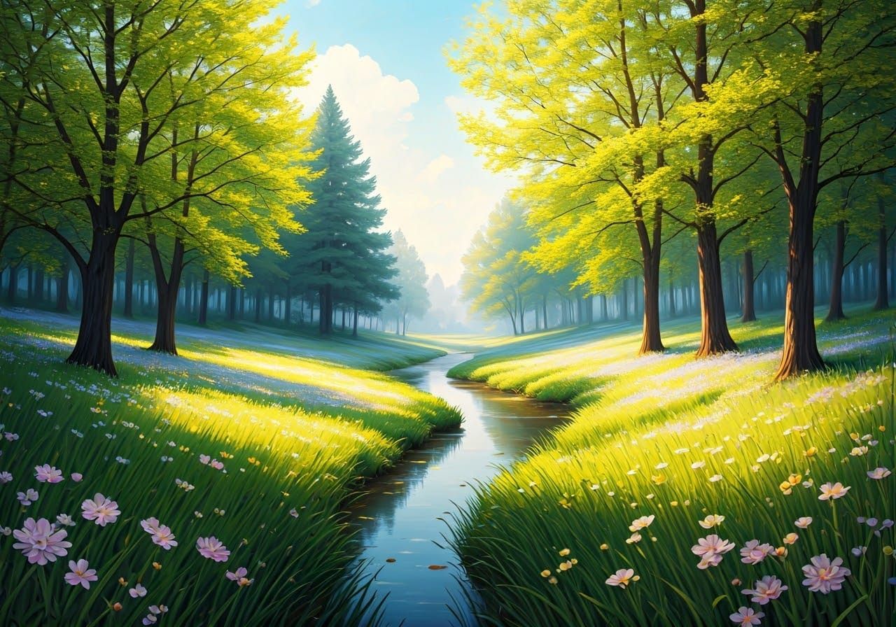 Vibrant Impressionist Spring Scene with Lush Greenery and Ge...