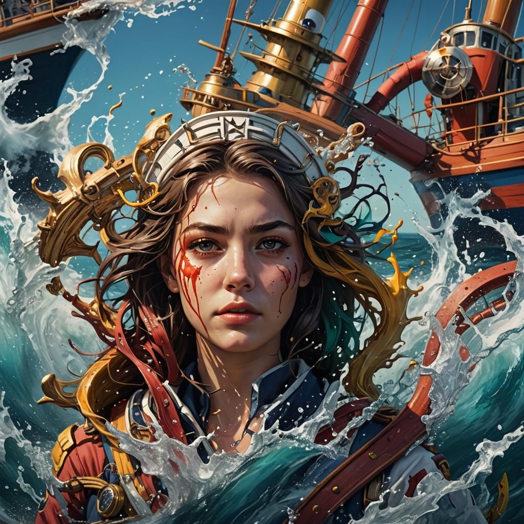 Vibrant Nautical Figure in Hyperrealistic Splash Art