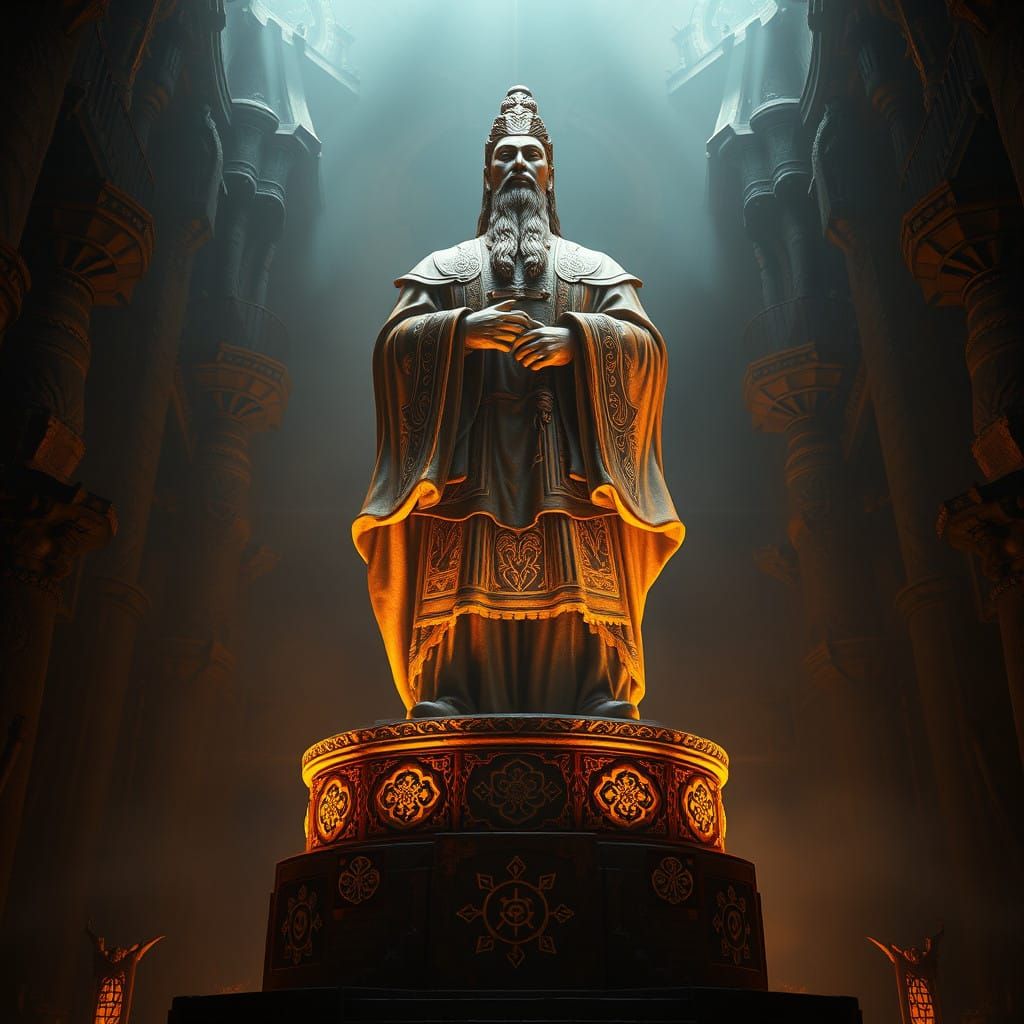 Mystical Emperor Statue in Dark Fantasy Cityscape
