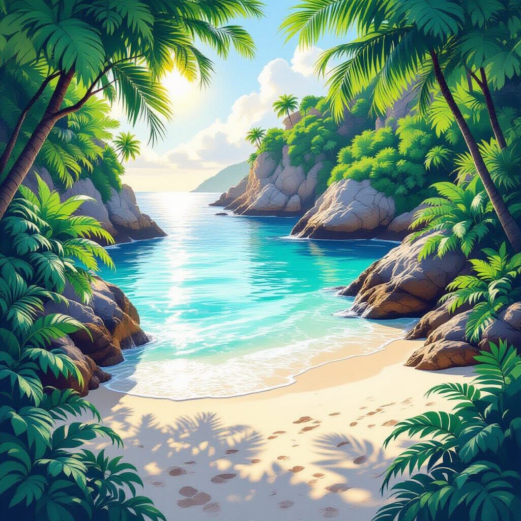 Secluded Cove Paradise With Glowing Flora At Sunset