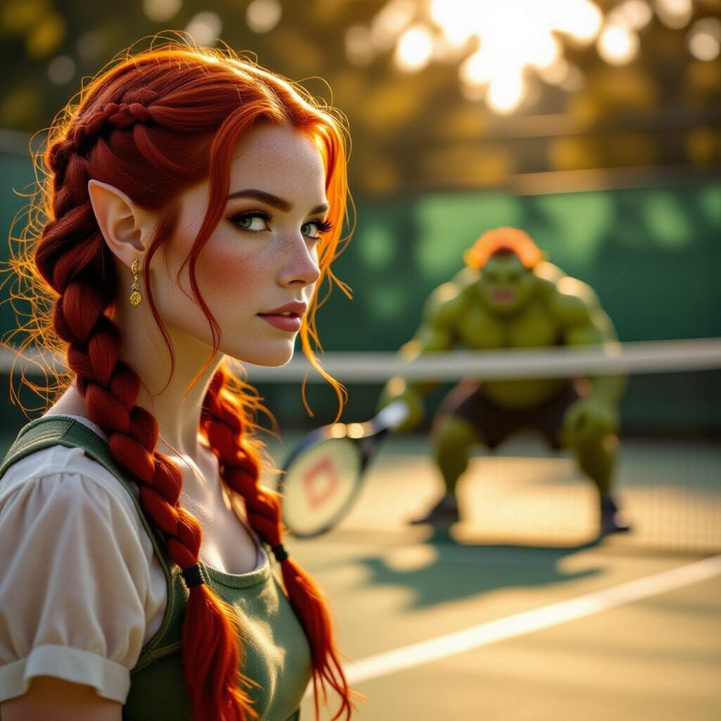 Elf and Ogre Play Tennis in Golden Hour Light