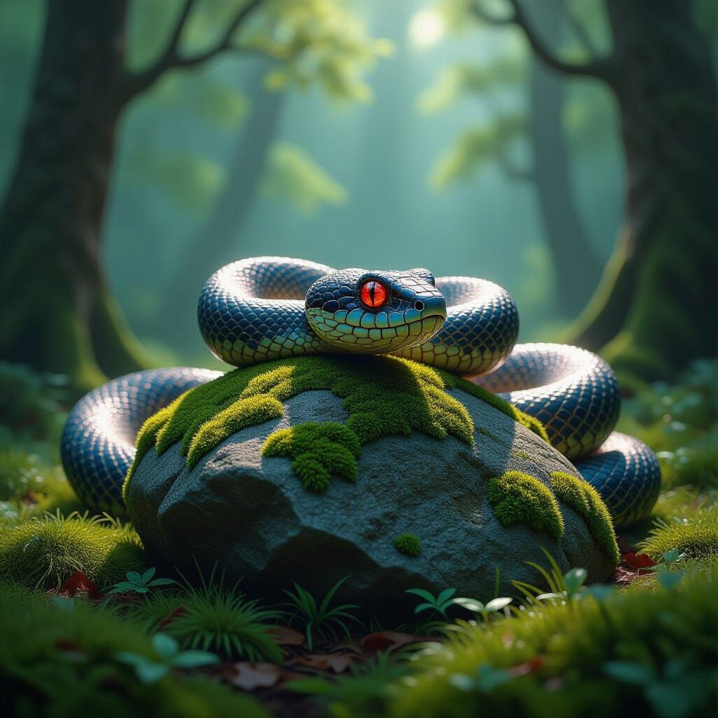 Fairy Tale Snake on Mossy Stone in Dark Forest