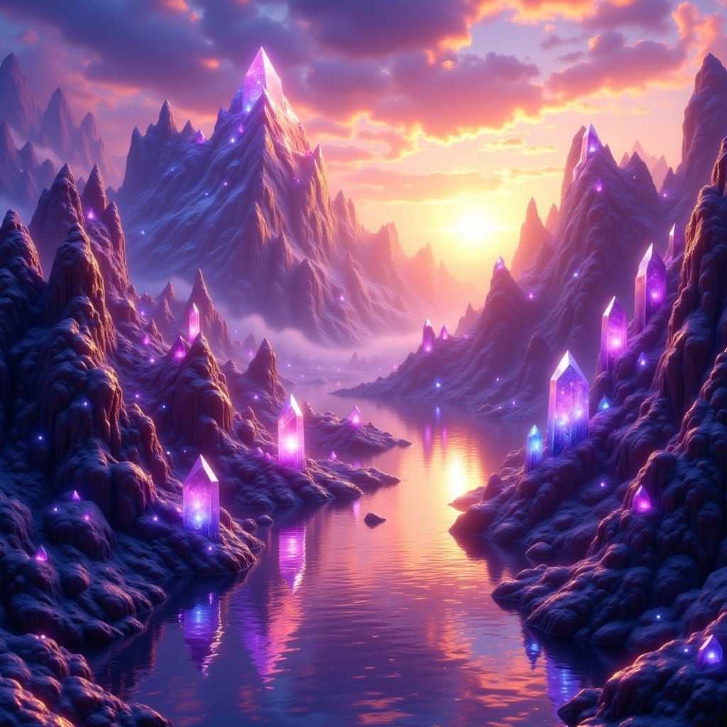 Crystal Mountains Reflecting Fiery Sunset in Fantasy Style