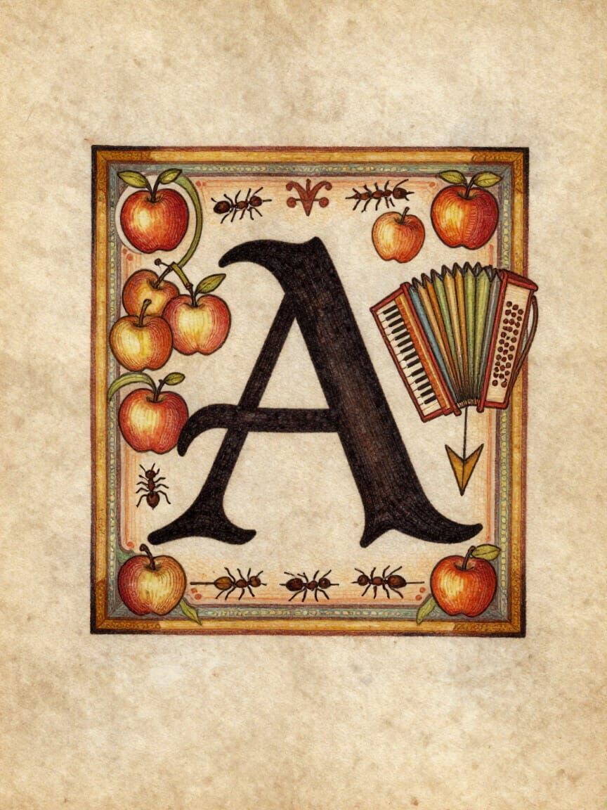 Medieval Calligraphy 'A' with Apples, Ants, and Arrows
