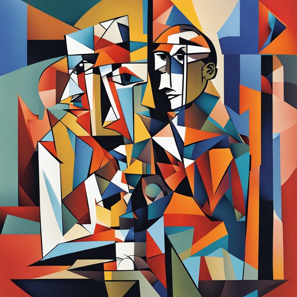 Geometric Cubist Painting in Art Deco Style