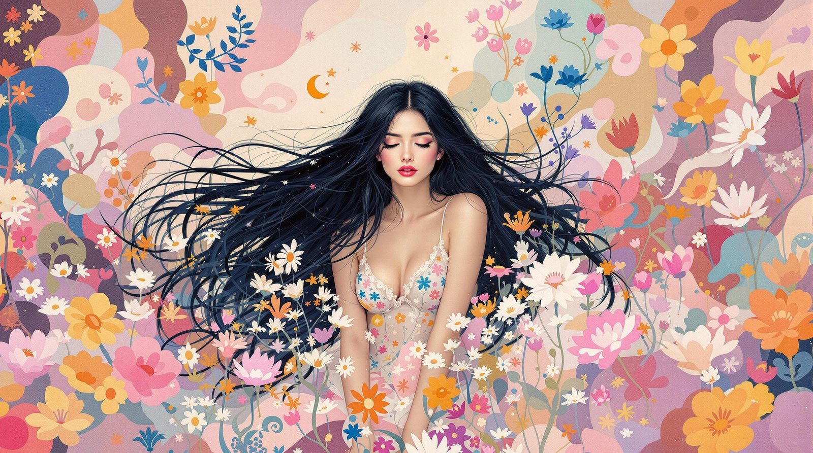 Dreamy Woman Amidst Wildflowers in Soft Pastel Colors