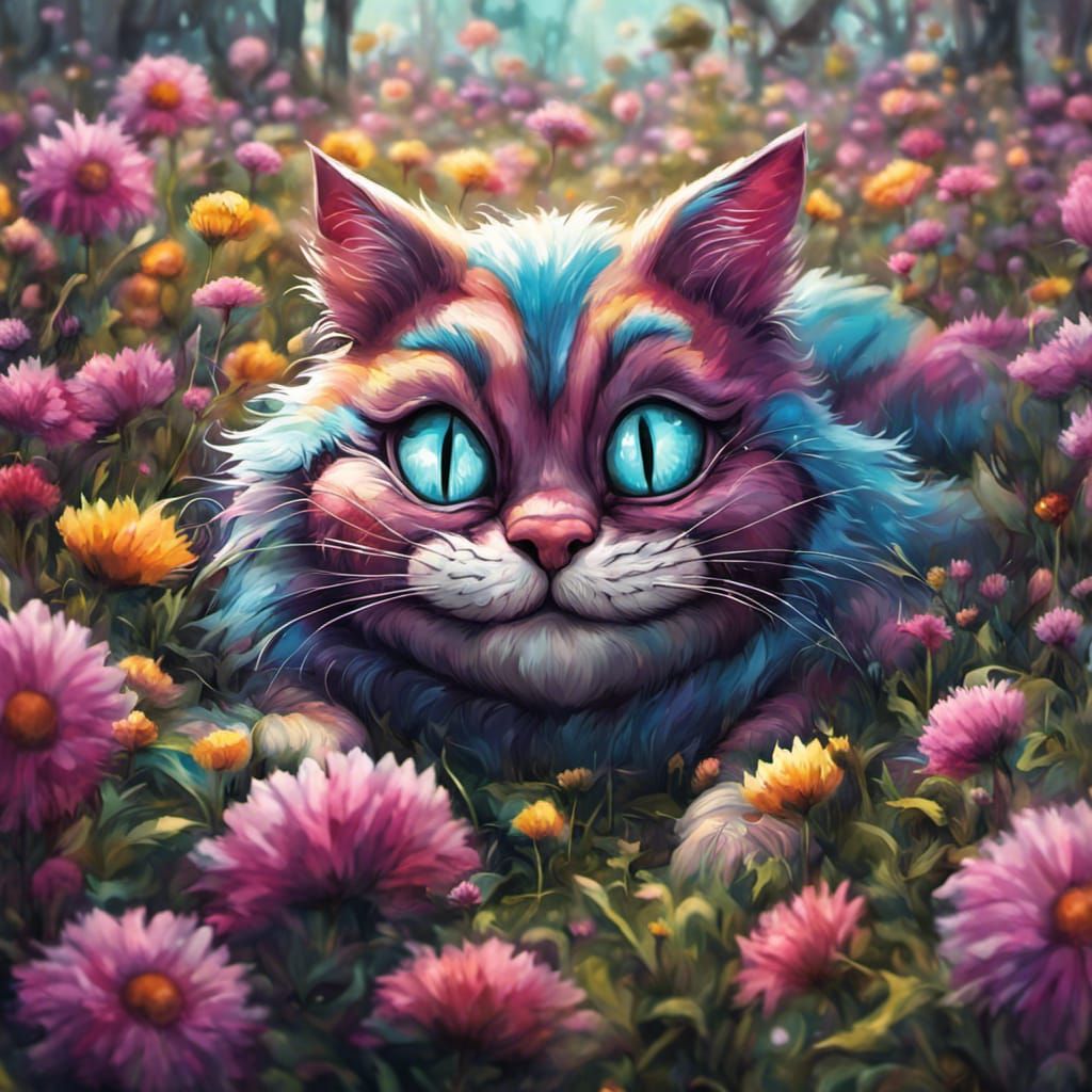 Cheshire Cat Smiling in Flower Field: Graffiti Art