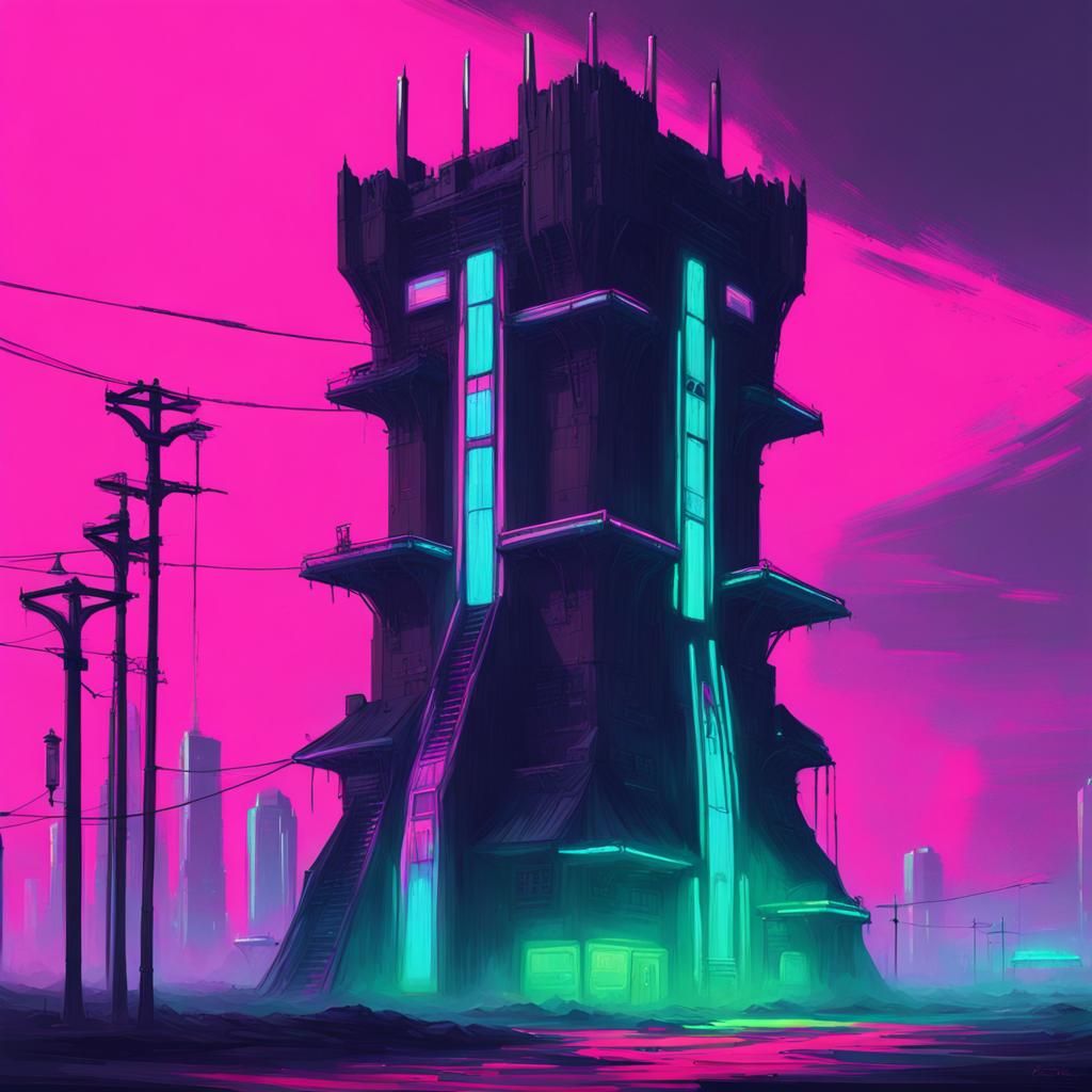 Pastel Gothic Tower in Cyberpunk Neon Landscape
