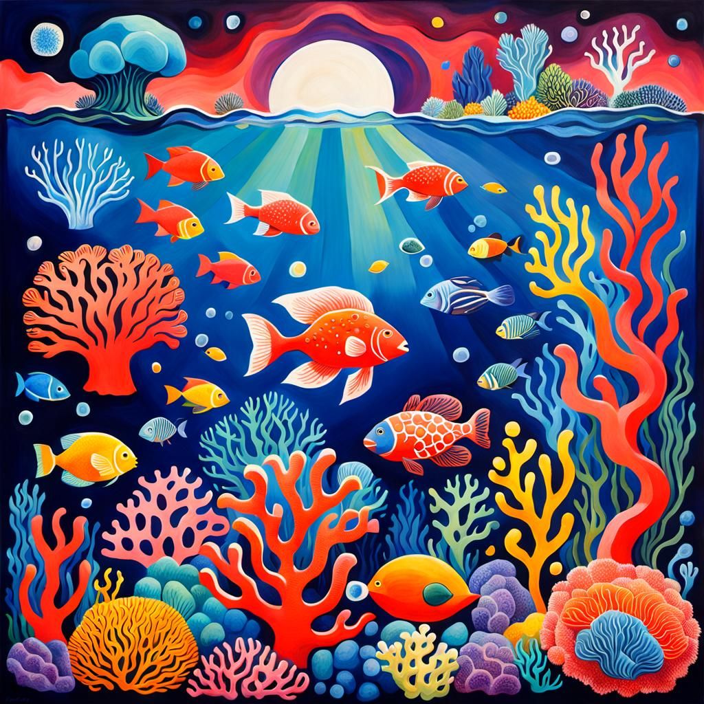 Surreal Coral Reef in Vibrant Folk Art Style