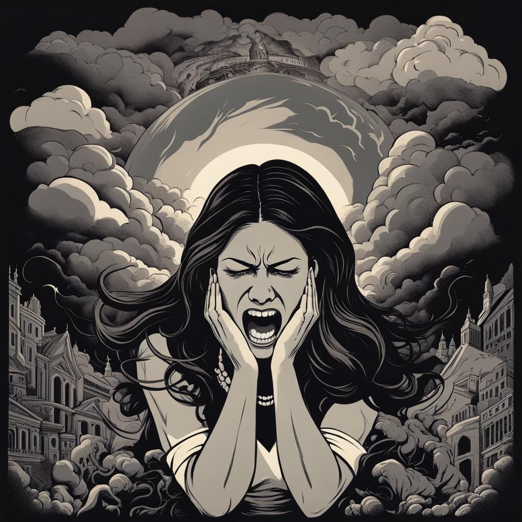 Distressed Woman Amidst Apocalyptic Chaos Illustration