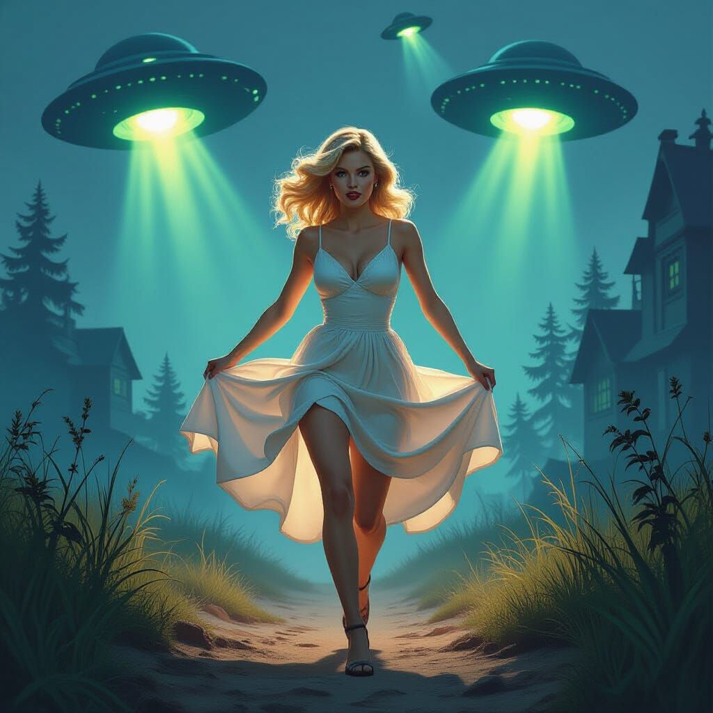 Sci-Fi Pin-Up Girl Running from Aliens
