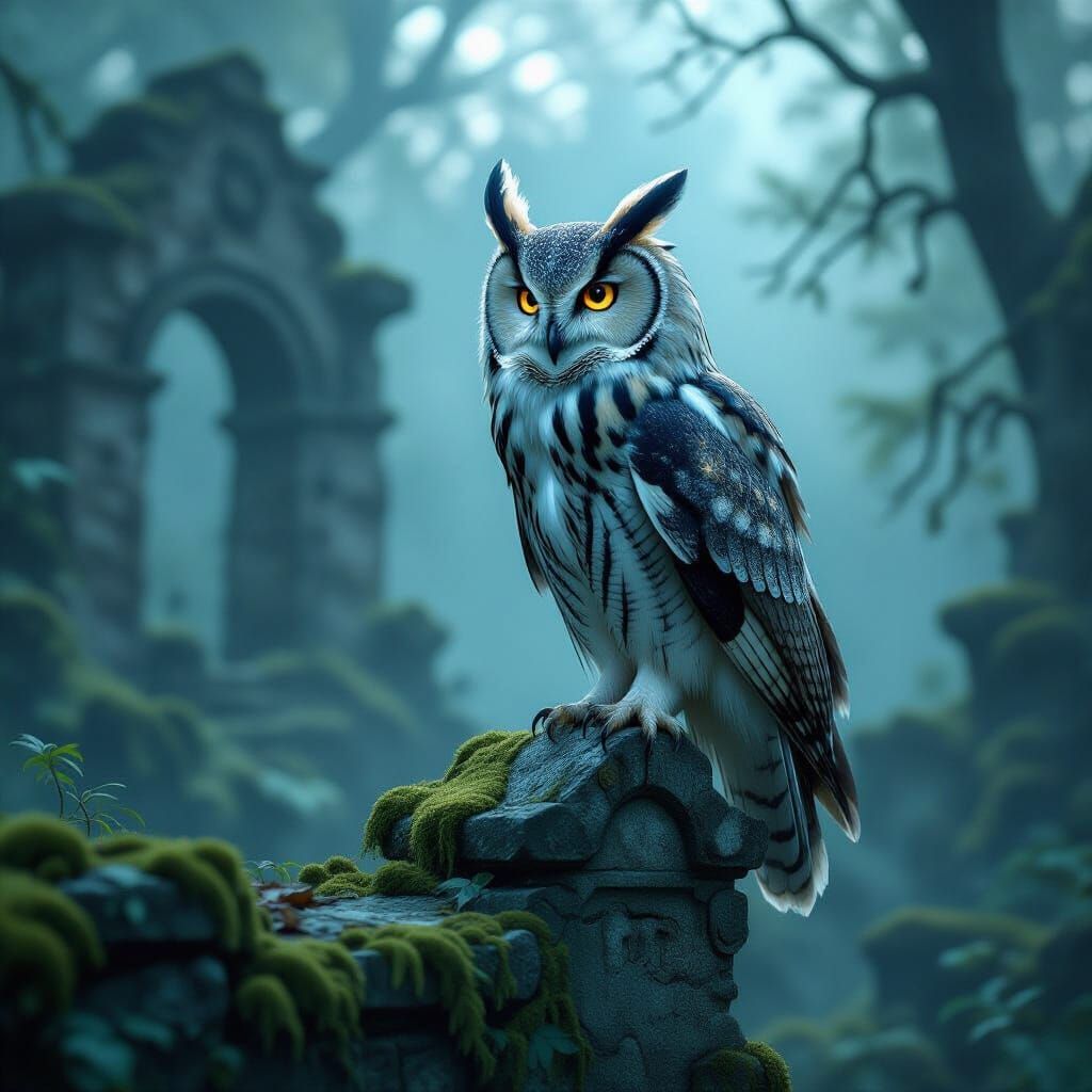 Ethereal Starlight Owl on Ancient Ruin