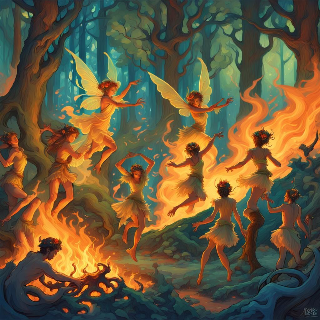 Forest Fairies Dance in Firelight: Fantasy Art