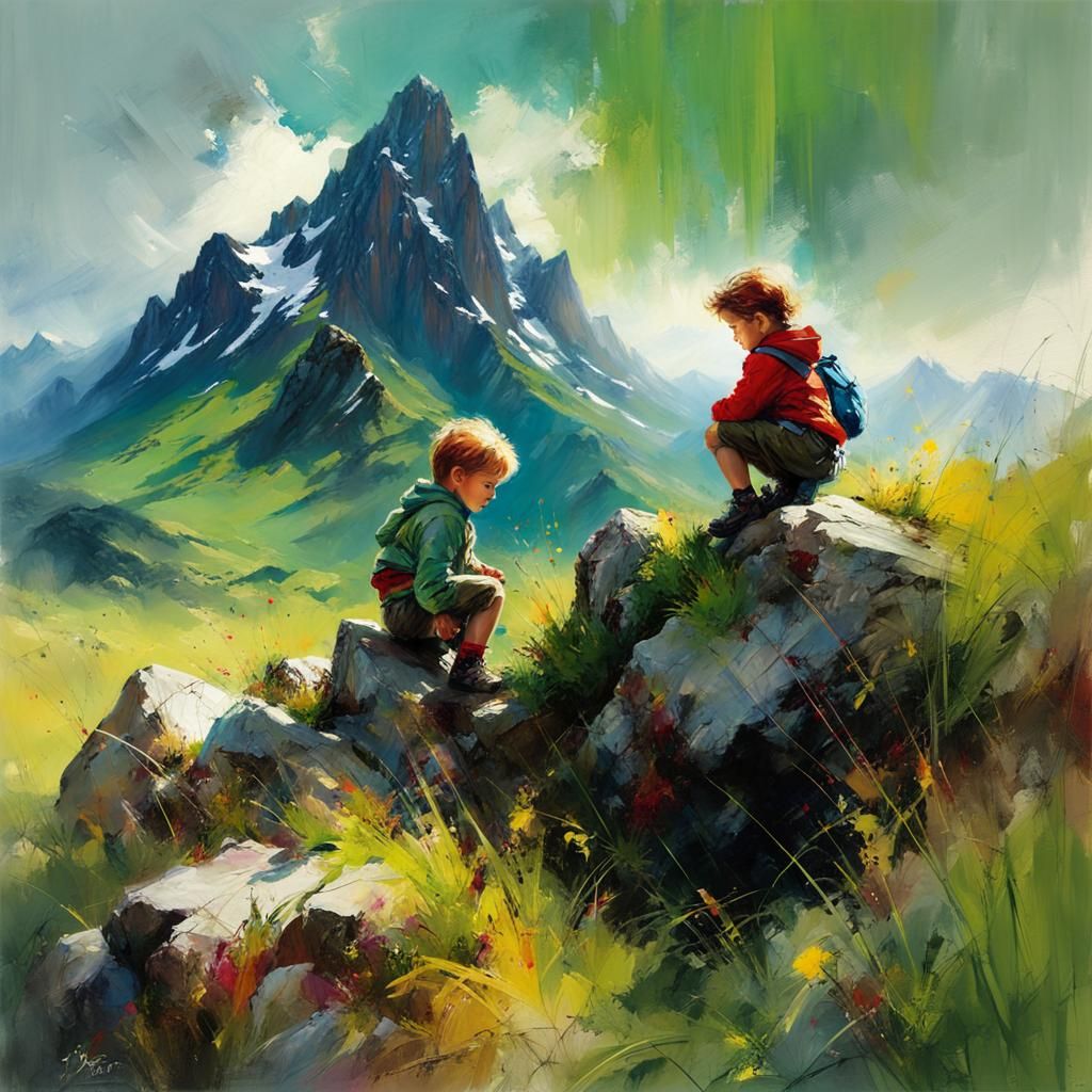 Children Climb Mountains in Dramatic Landscape Painting