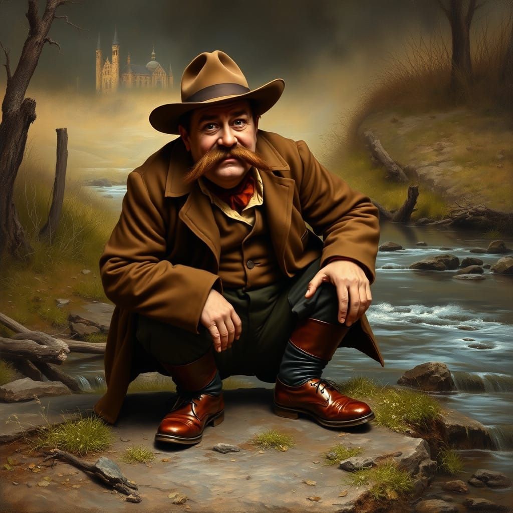 19th-Century Gentleman by a Stream in a Classical Oil Painti...
