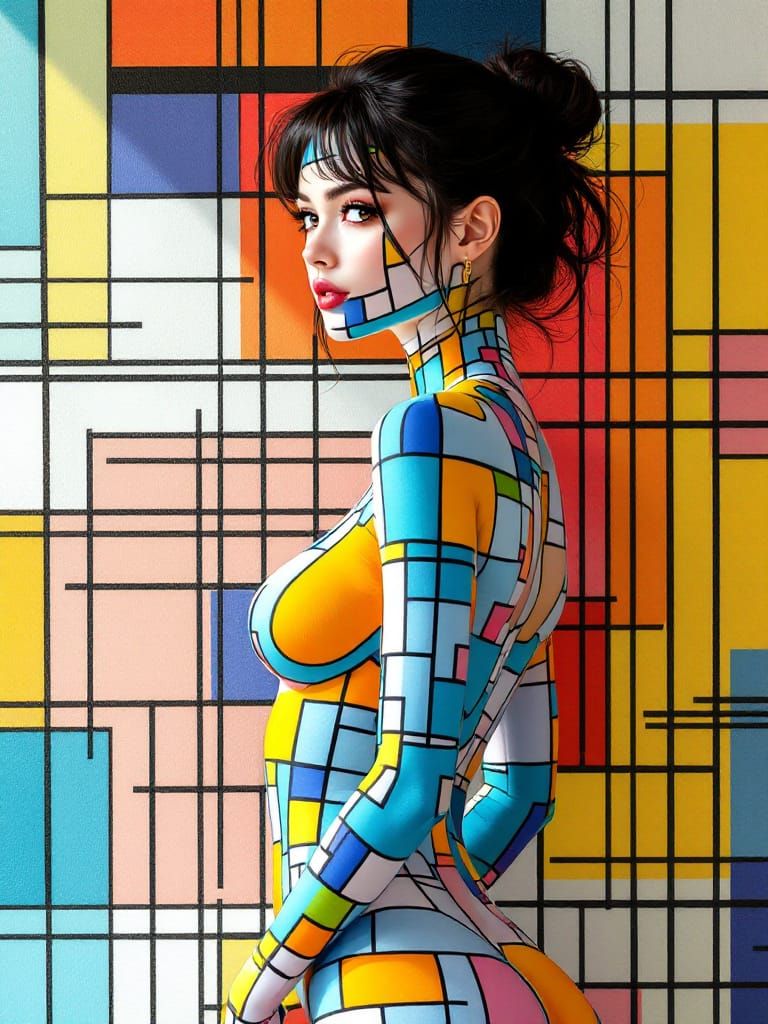 Woman Merges with Geometric Wall Art in Luminous Anime Style