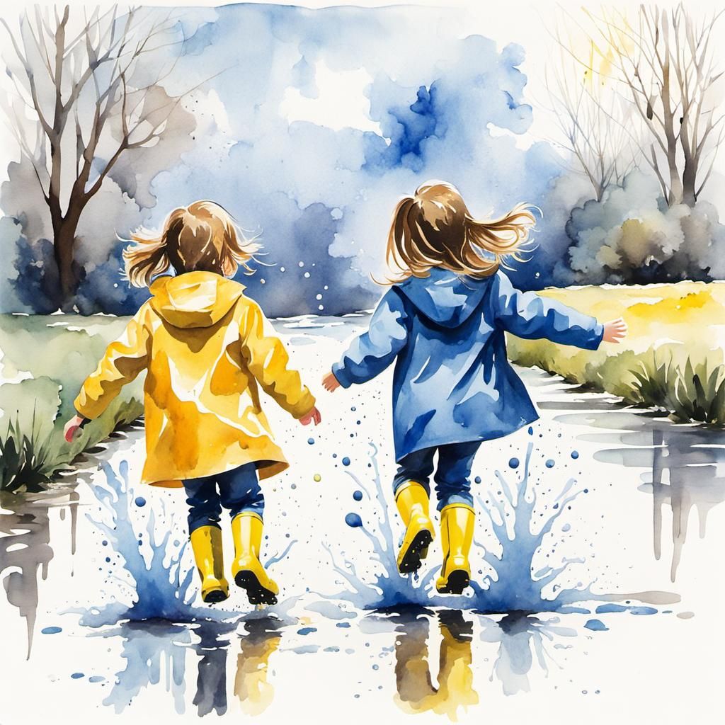 Children Jumping in Puddles Watercolor Illustration