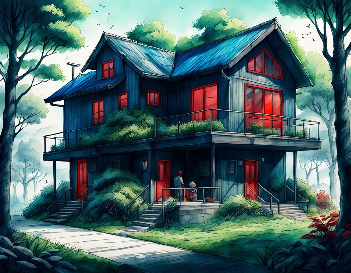 Detailed Pencil Drawing of Eco House with Trees