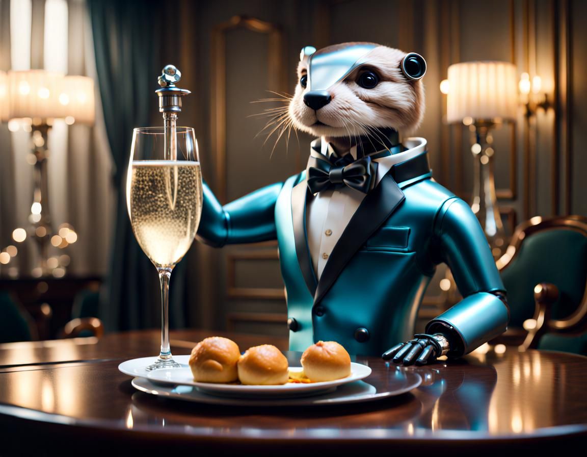 Futuristic Otter Robot Butler Serving Champagne