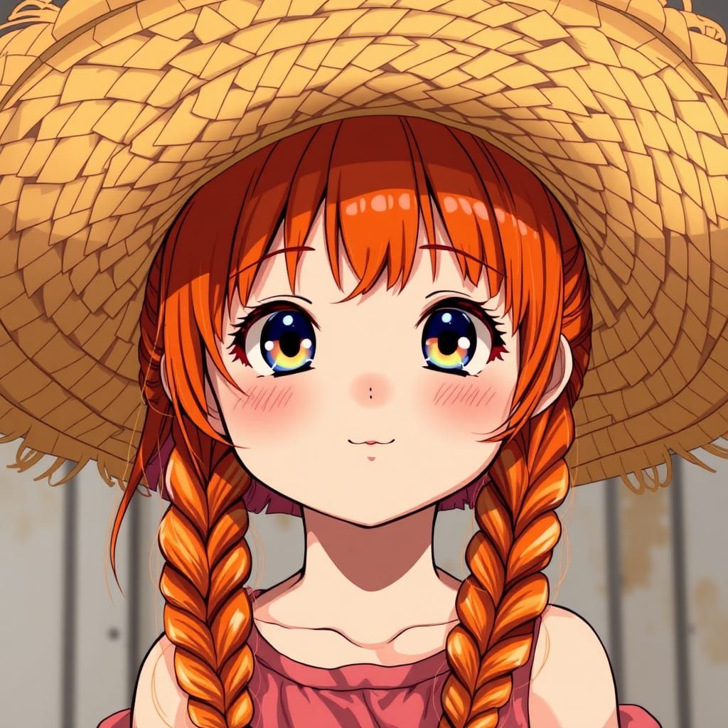 Ginger Braids Girl in Straw Hat, Anime Style
