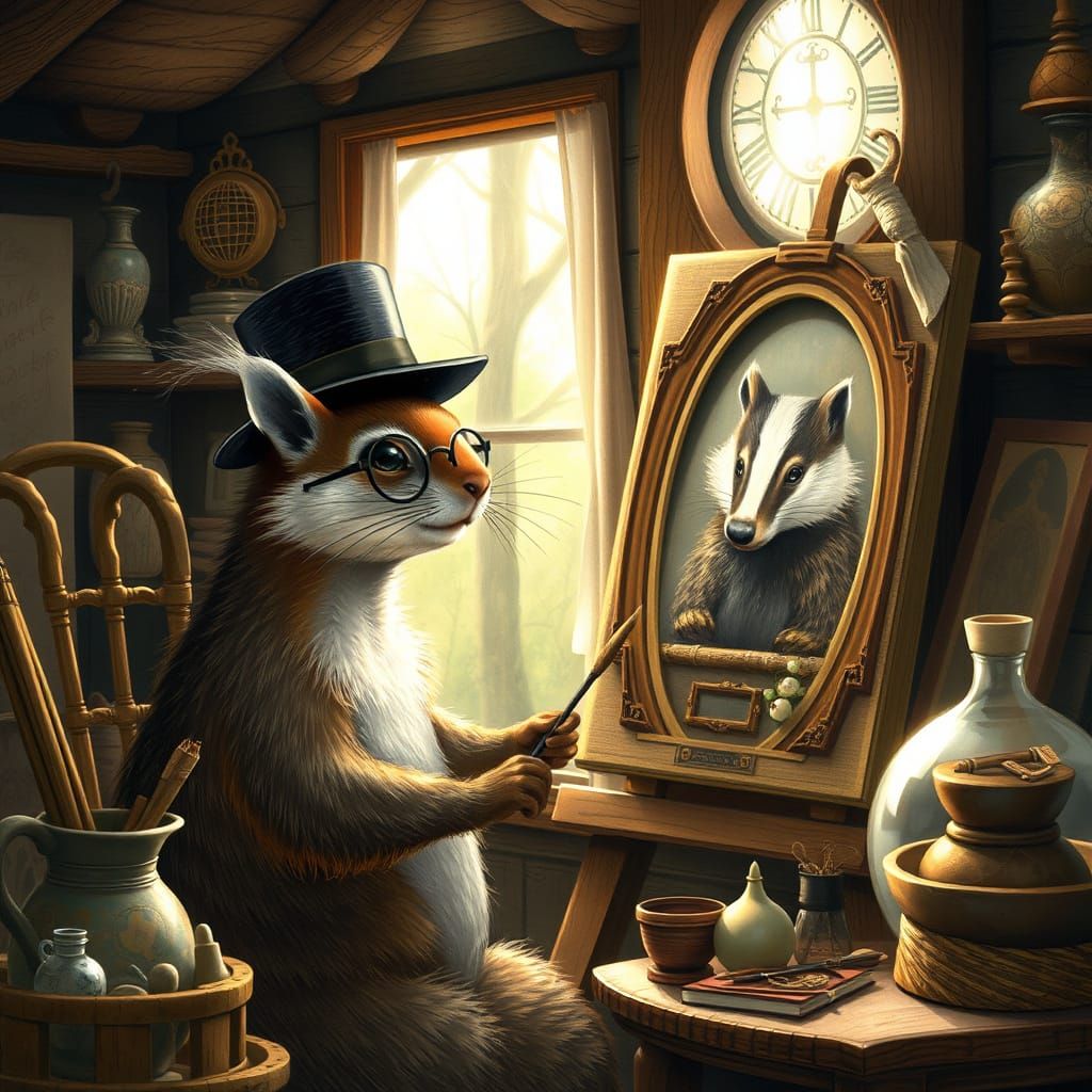 Whimsical Squirrel Painter in Cozy Forest Cottage