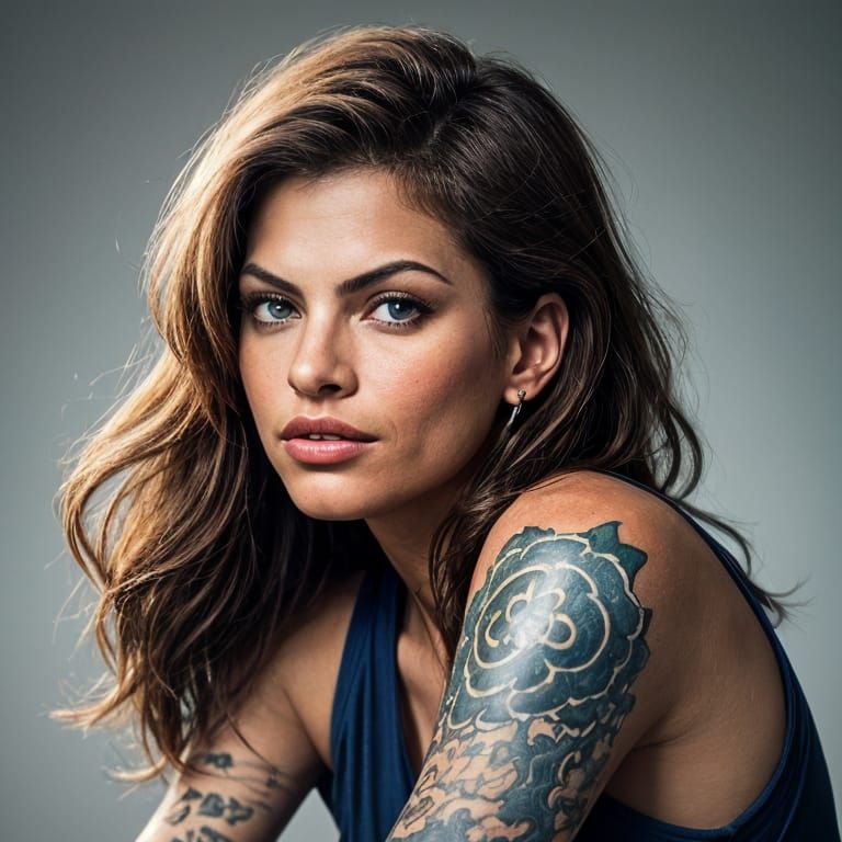 Eva Mendes Portrait with Tattoos and Blue Eyes
