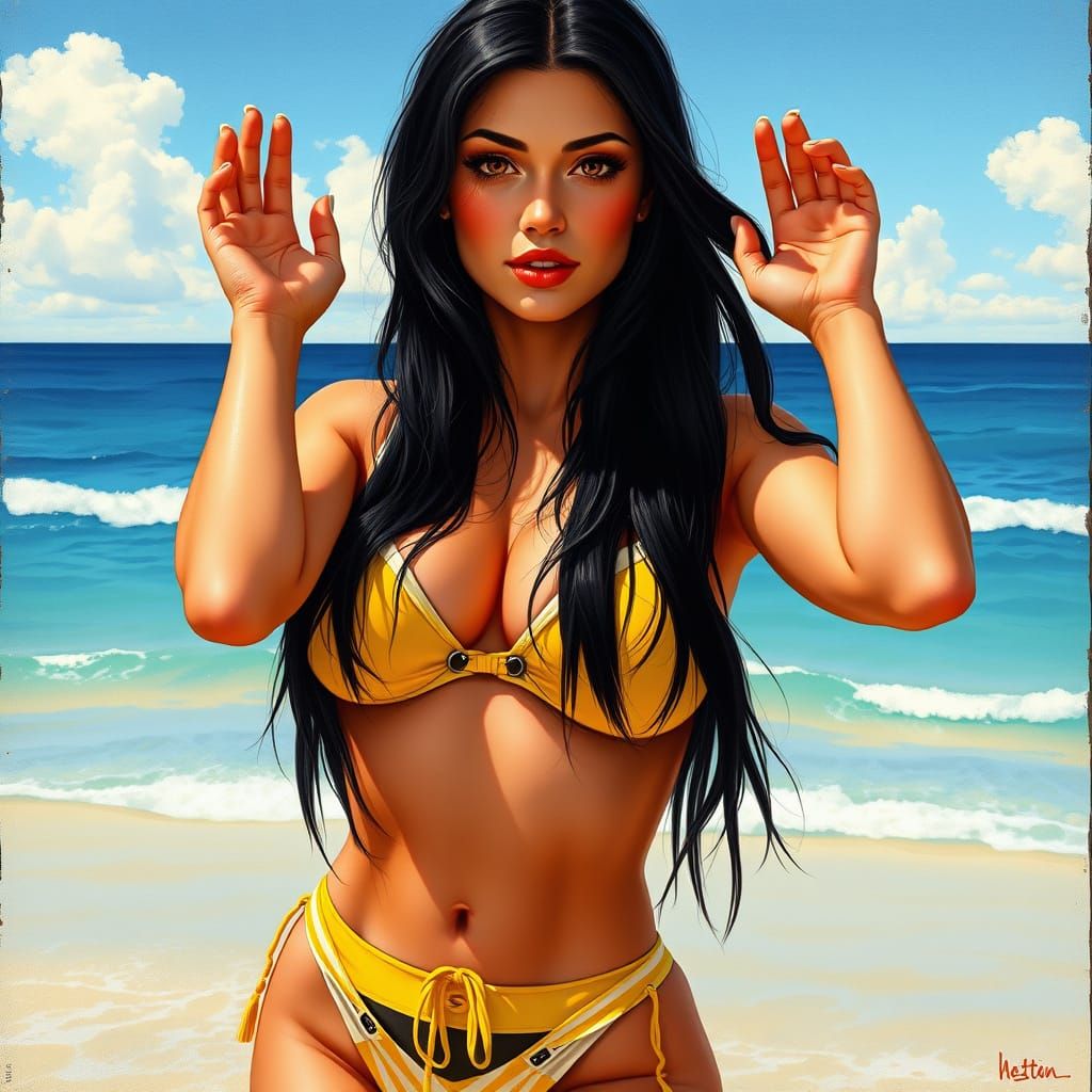 Woman in Bikini on Beach in Art Nouveau Style