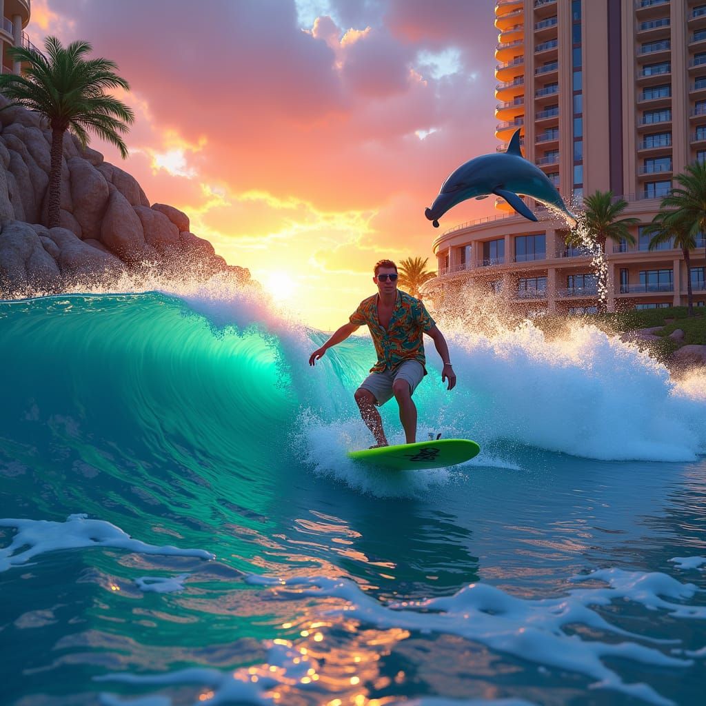 Sunset FlowRider with Surfer and Dolphin in Dreamlike Style